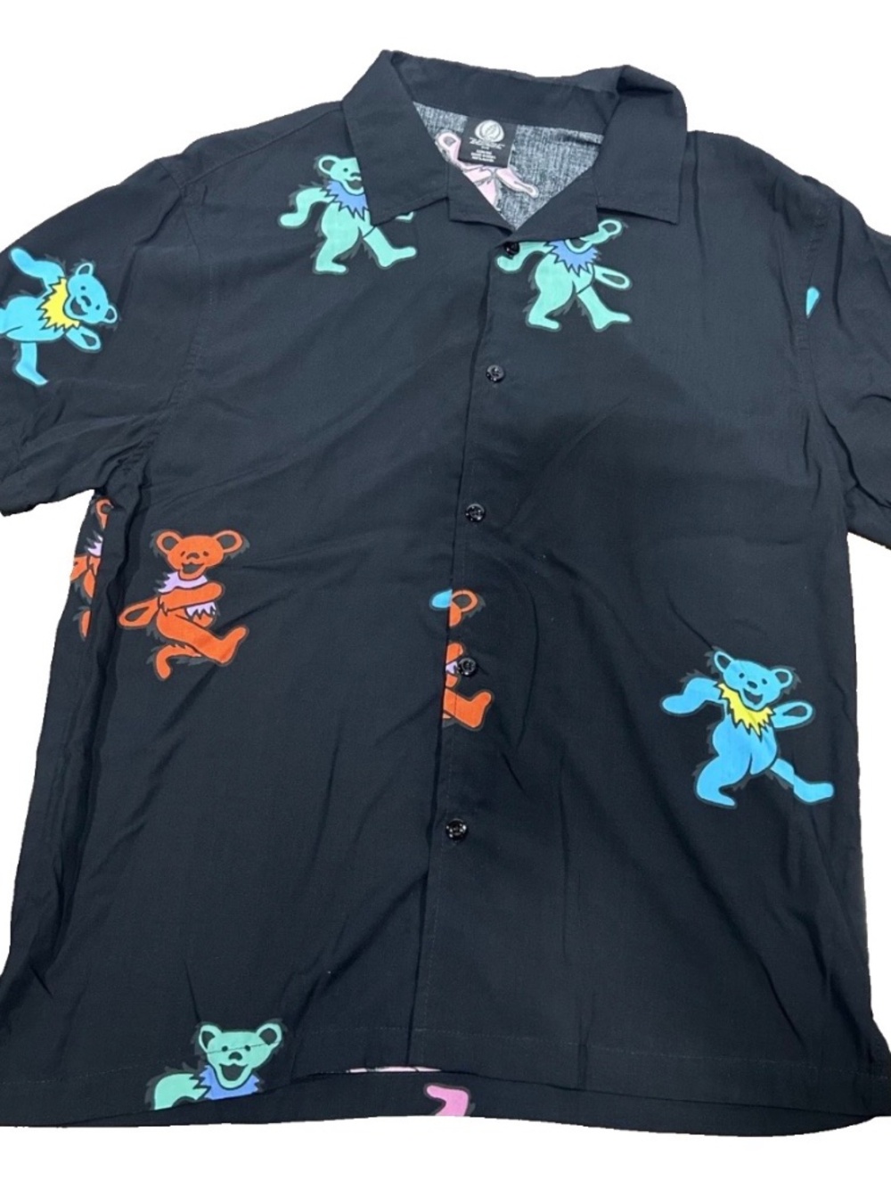 Men's Grateful Dead MED Black Button Up Hawaiian Dancing Bears Print Shirt-(EUC)